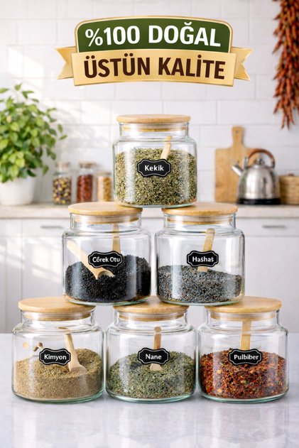 6’lı Bambu Baharatlık Takımı 12 Parça 500ml Kaşıklı Etiketli