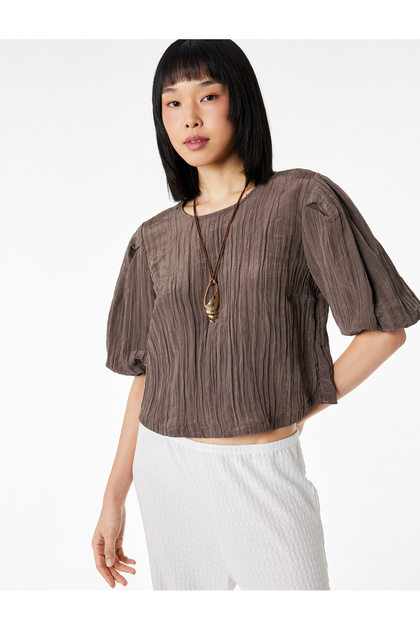 Crew Neck Short Balloon Sleeve Satin Blouse