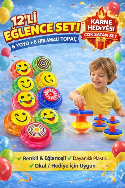12’li Yoyo ve Fırlatmalı Topaç(6 YOYO+6TOPAÇ) Seti Karne Hediyesi Doğum Günü Okul Dağıtmalık Oyuncak
