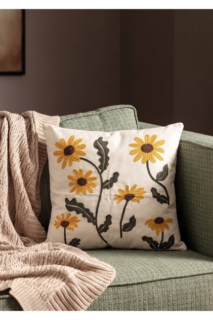 Yellow and Green Colored Sunflower Motif Cotton Comfort Throw Pillow Case 42X42