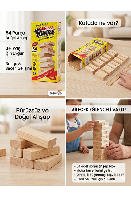 HGROUP Ahşap Jenga Denge Oyunu 54 Parça – Balance Tower Ailece