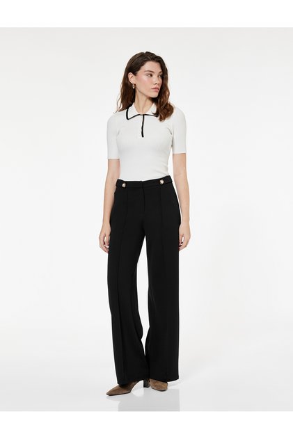 Button Detailed Pocketed Straight Wide Leg Fabric Trousers