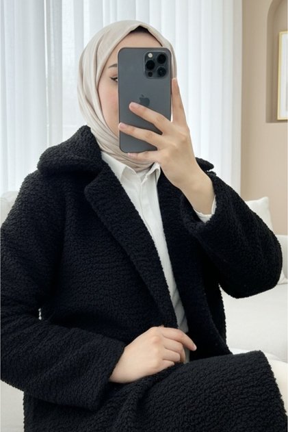 Düğmeli Astarlı önden Cepli Peluş Kaban -siyah