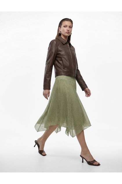 Cotton Asymmetrical Cut Gingham Midi Skirt