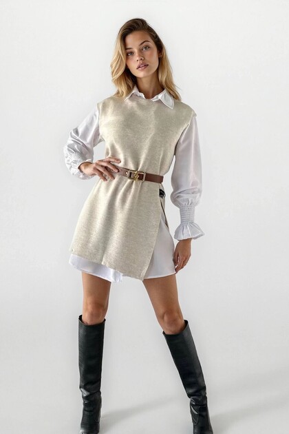 Women's Tricot Garment with Garnishes and Belt Detail Shirt Dress