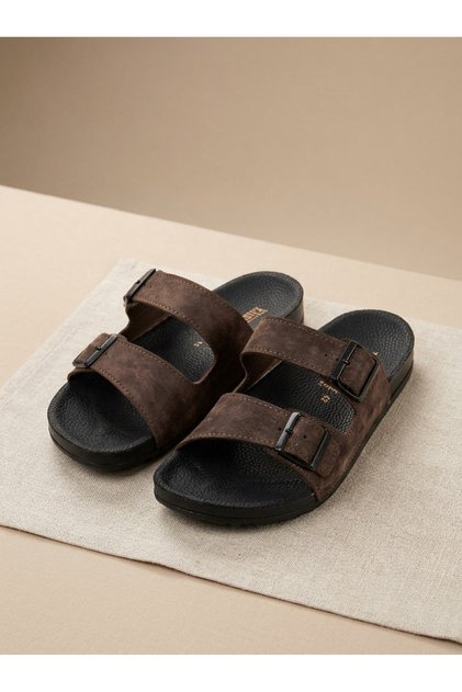 Double Buckle Men's Massage Sole Anatomical Orthopedic Slippers Adjustable Faux Leather Brown