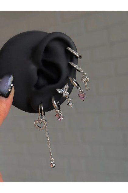 Çelik Silver Kelebekli 6 Lı Küpe Seti