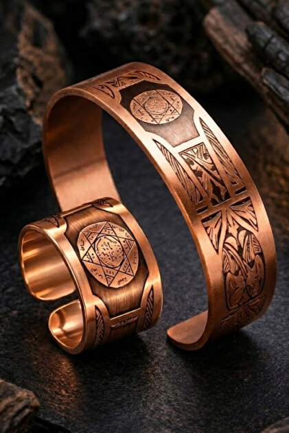 Men's Women's Copper Bracelet Ring Set Solomon Seal Engraved D Patterned Copper Bracelet Ring Set