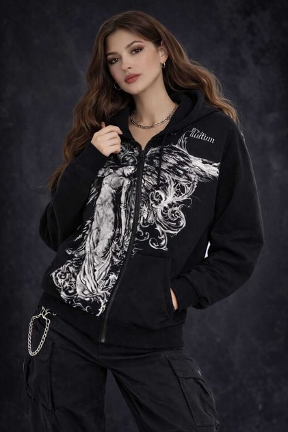 Black Vintage Angel Affliction Cyber Grunge Y2K Hooded Unisex Cardigan