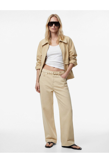 Cotton High Waist Belted Wide Leg Trousers - Wide Leg Jeans