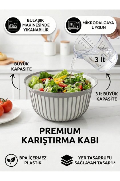 Premium Striped Mixing Bowl & Dough Kneading Bowl - Mixer Compatible Deep Structure (Gray - 3L) 24 cm