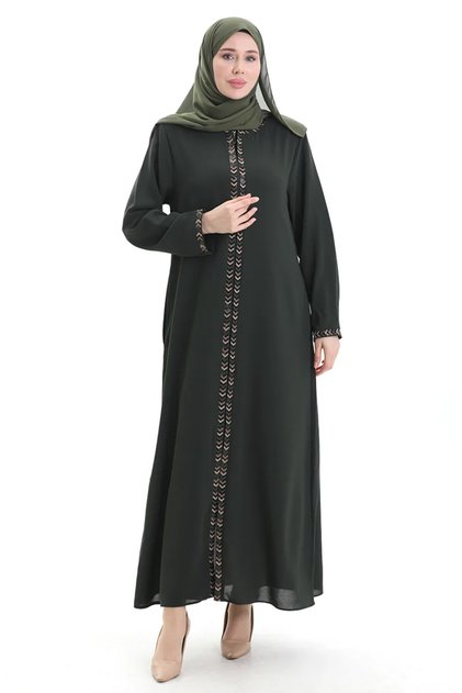Büyük Beden Petek Kumaş Fermuarlı Ferace 6183-01 Haki