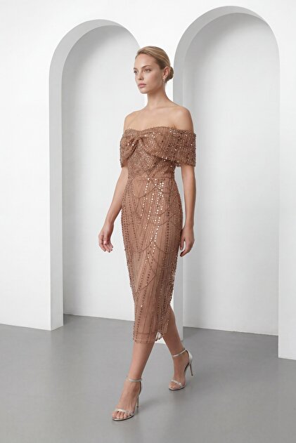 Lafaba Women's Tan Boat Neck Beaded Midi Evening Dress- Trendyol