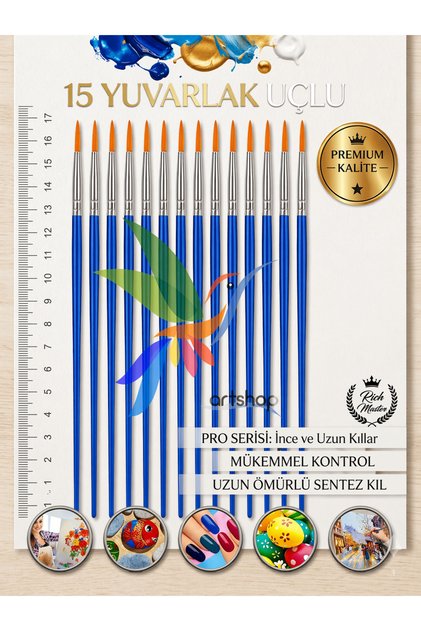 15 Adet İnce Uçlu Standart Boyama Fırçası Akrilik, Yağlı. Sulu, Guaj, Parmak Boyası İçin