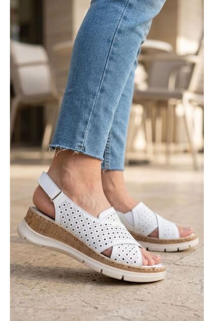 Inner and Outer Genuine Leather Cross-Strapped Wedge Sole Women's Sandals