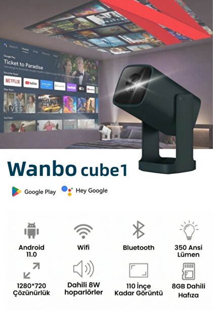 wanbo Cube 1 WiFi ve Bluetooth Özellikli Projektör, Google Sesli
