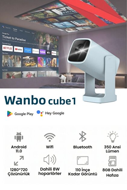 wanbo Cube 1 WiFi ve Bluetooth Özellikli Projektör, Google Sesli