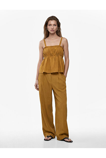 Viscose Textured Fabric Wide-Leg Palazzo Trousers with Pockets and Pleated Detail