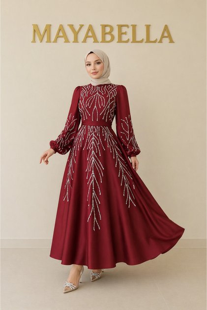 Saten İşlemeli Tesettür Abiye
