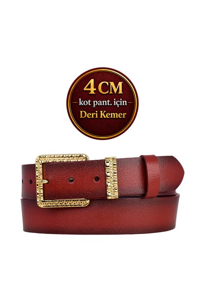 100% Genuine Leather, 4 cm Red Women's Belt with Gold Buckle; Jeans, Sports Belt=An-Byn-62.Gold.Tak
