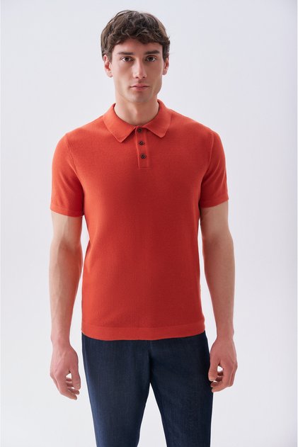 Men's Coral Color Buttoned Polo Collar Short Sleeve Knit Sweater
