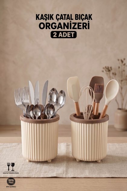 Countertop Spoon Holder 2 Pieces |   Divided into Sections |   Fork |   Spoon |   Knife Organizer |   Cutlery Holder |   Beige