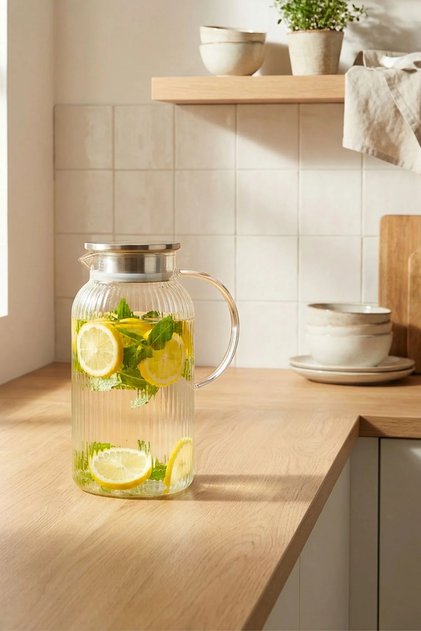Metal Kapaklı Rölyefli Cam Sürahi - 1,8 Litre
