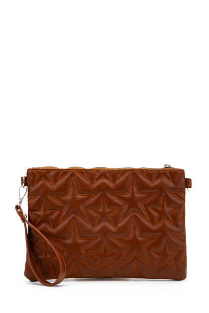 minebag Dikişli Clutch Suni Deri Star Kadın Yıldız Çanta Taba