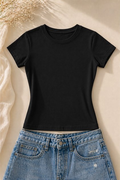 Kadın Basic Bisiklet Yaka Dar Kalıp T-Shirt