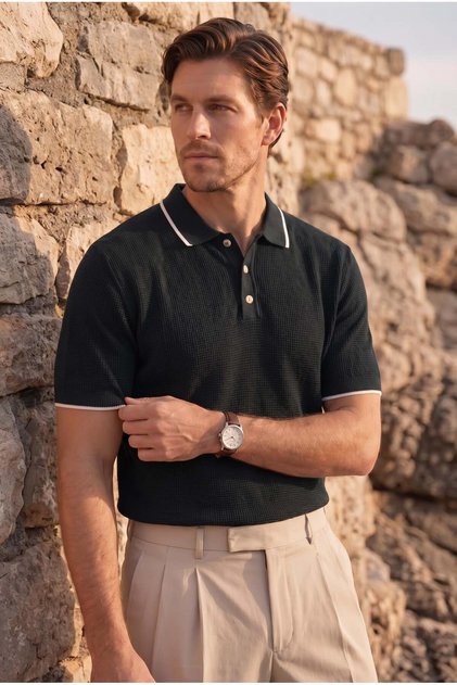 Balzac Collar Striped Buttoned Polo Collar Basic Daily Honeycomb Knit Knitwear Men's T-Shirt - Black