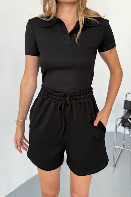 Modal Fabric Black V-Neck Tshirt Shorts Set
