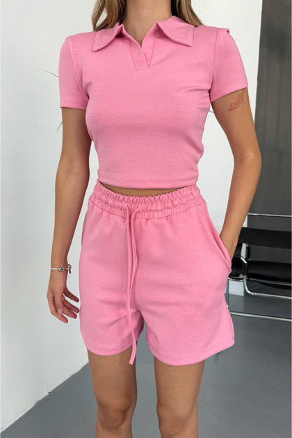 Modal Fabric Pink V-Neck Tshirt Shorts Set