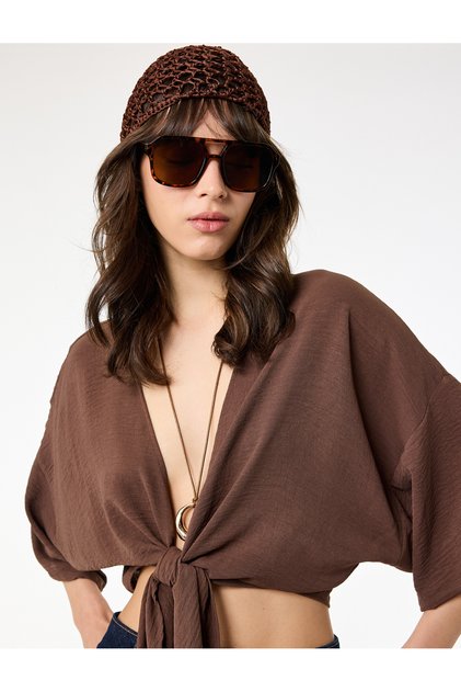 Kısa Kollu Kruvaze Yaka Bağlamalı Crop Oversize Kimono