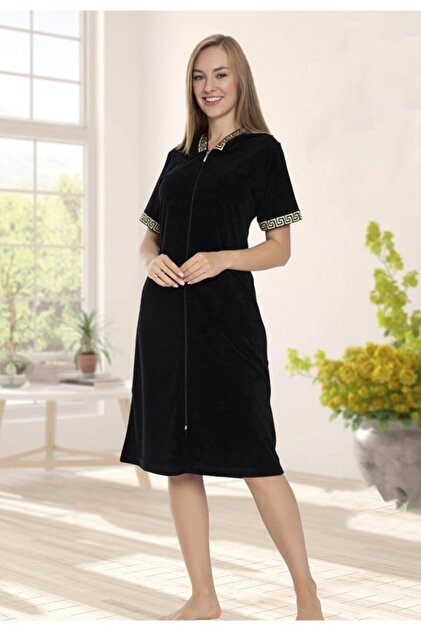 レディースウェア MIRROR 9 easy padding dress jacket ESRATEKS Önü Fermuarlı Siyah Kapüşonlu Havlu Elbise (Dar Kalıptır