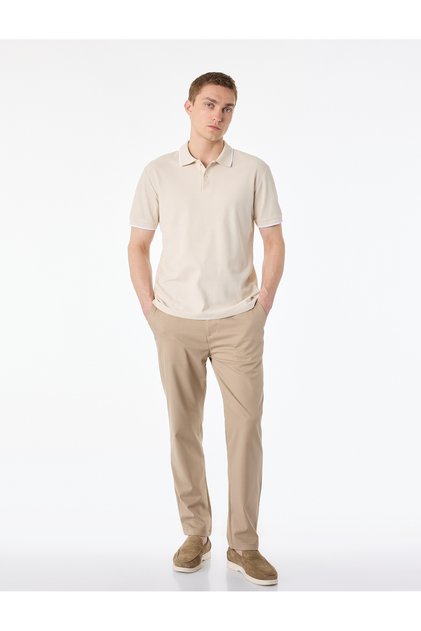 Short Sleeve Cotton Pique Fabric Buttoned Polo Collar Slim Fit T-Shirt