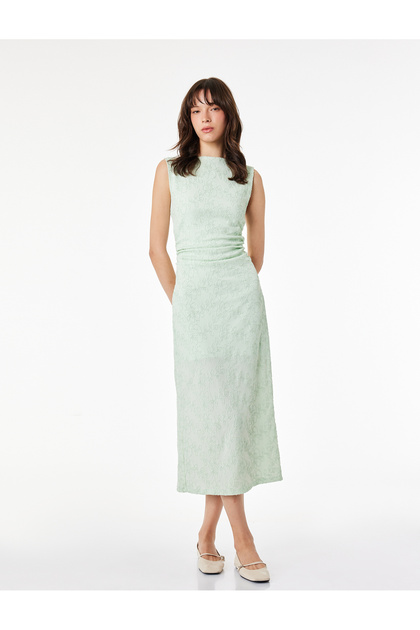 Sleeveless Crew Neck Draped Floral Embroidered Long Dress