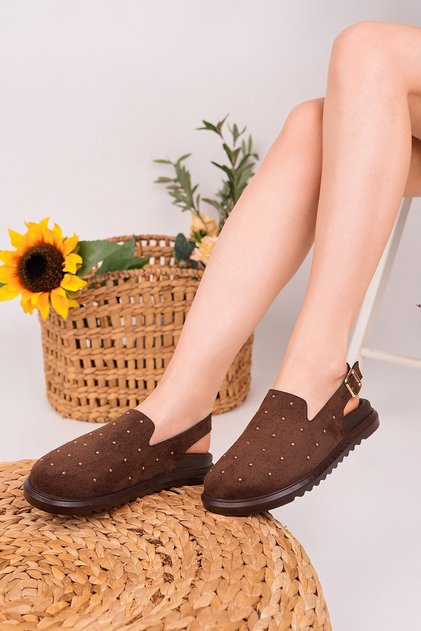 Lillow Suede Leather Gold Studded Adjustable Buckle Daily Comfortable Closed-Front Women's Sandals
