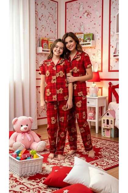 Mother & Daughter Matching Outfit Red Plaid Tedy Bear Short Sleeve Shirt Collar Buttoned Milan Fabric Seasonal Pajama Set (Sold Separately)