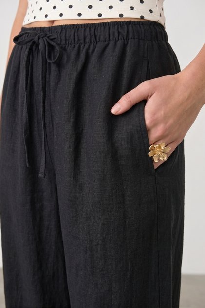 Keten Karışımlı Bol Kesim Pantolon - Siyah 2