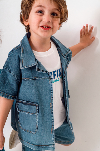 Denim Shirt Denim Shorts and T-Shirt 3-Piece Boy's Set 3701 Smr