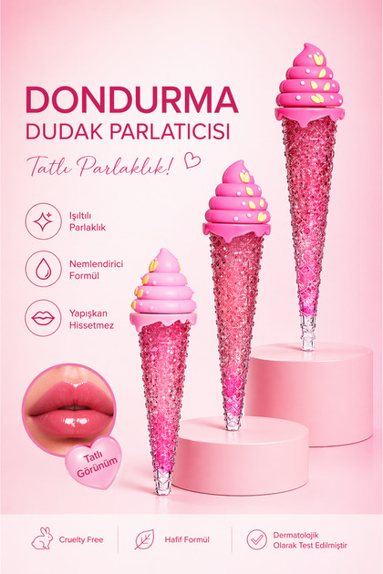 Dondurma Model 2si1 Arada Sihirli Dudak Nemlendiri Dudak Parlatıcı (PEMBE RENK VERİR)Lipgloss&Lipoil