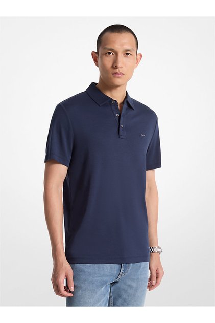 Men's Short Sleeve Button Closure Cotton Relaxed Fit Navy Blue Polo Collar T-Shirt