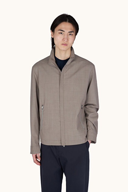 Men's Wool and Silk Blend Micro Patterned Stand Collar Beige Jacket