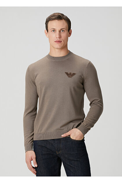 Erkek Marka Logo Detaylı Bisiklet Yaka Regular Fit Bej Kazak