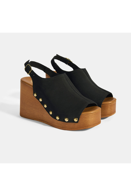 Women's Black Adjustable Buckle Detailed Suede Wedge Heeled Sandals