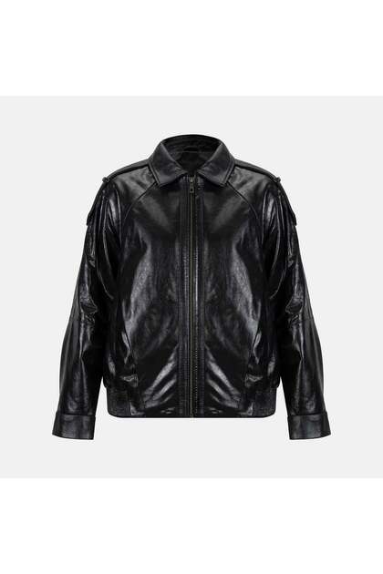 Women's Black Shirt Collar Leather Bomber Jacket