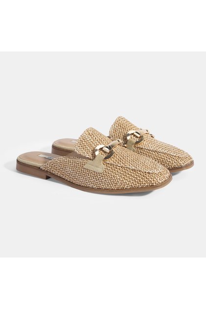 Women's Beige Metal Accessory Straw Slippers
