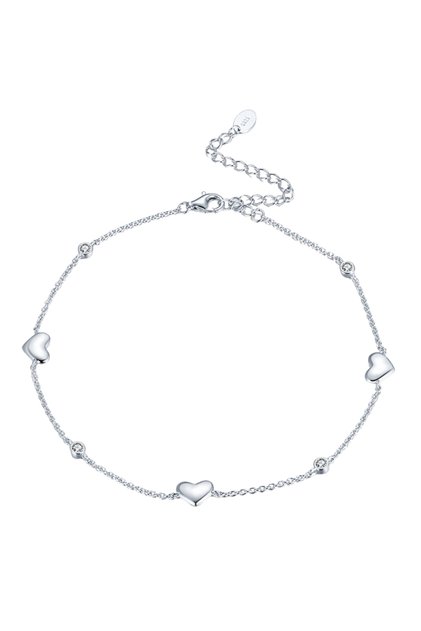 Brățară de gleznă argintie, 3 inimioare și 4 zirconii, argint 925 rodiat, reglabilă 22+5 cm JW1815