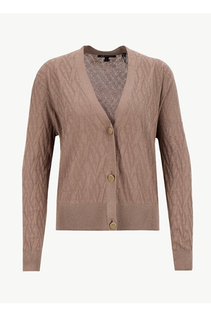 Women's Regular Fit V-Neck Ax Logo Detailed Long Sleeve Brown Cardigan