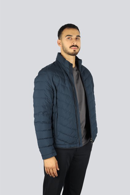 Men's Regular Fit Quilted Patterned Wind and Water Resistant Stand Collar Navy Blue Jacket